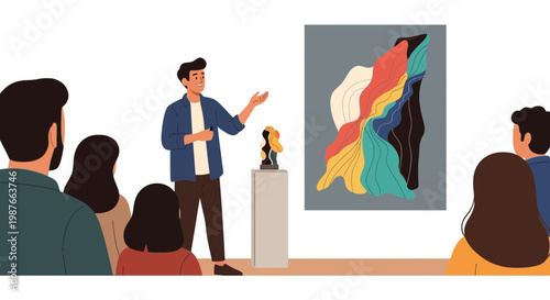 Man presenting artwork in a gallery to a group of visitors