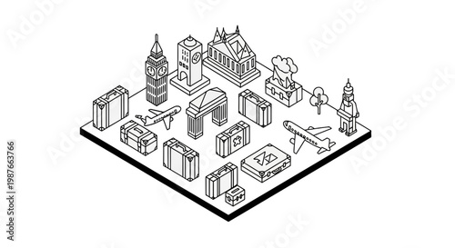 Isometric Travel and Tourism Landmarks Line Art Illustration