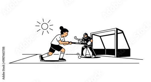 Field hockey player attacking goal with goalie vector illustration