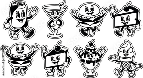 Black and white retro style walking cartoon food characters including soda burger cake and ice cream