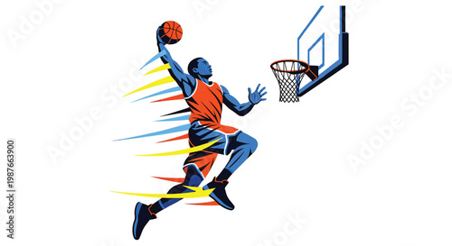 Basketball player, jumping, dunking ball, sports icon, athletic motion