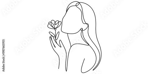 Minimalist continuous line art illustration of a woman gently holding a blooming flower blossom