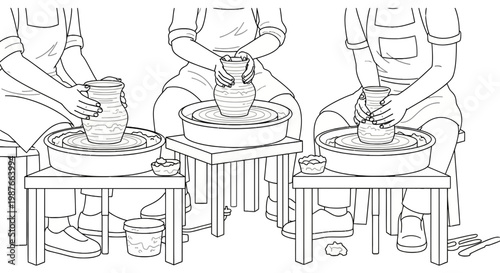 People Molding Clay on Pottery Wheels in a Workshop Illustration