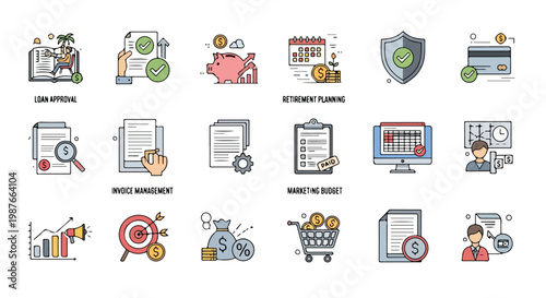 A collection of eighteen hand-drawn vector icons representing various business and finance concepts like loan approval and retirement planning.