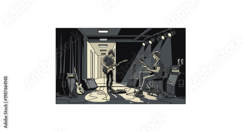 Two guitarists practicing in a music rehearsal studio illustration