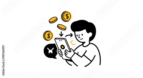 Man Earning Money Online with Smartphone Vector Illustration