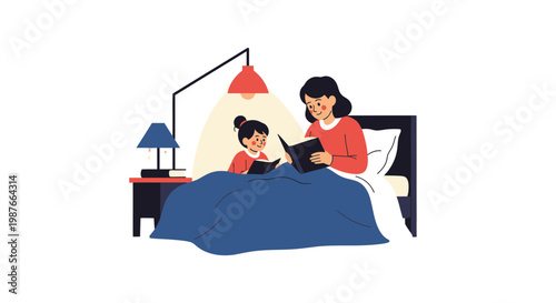 Mother and daughter reading books together in bed at night