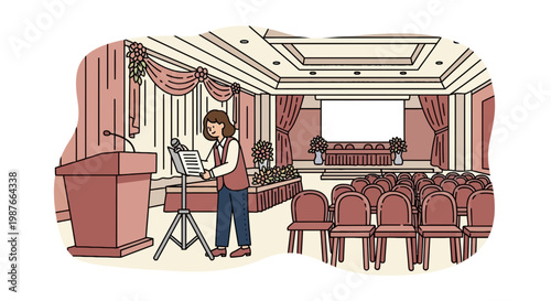 Female Speaker Preparing for Presentation in Conference Hall Vector