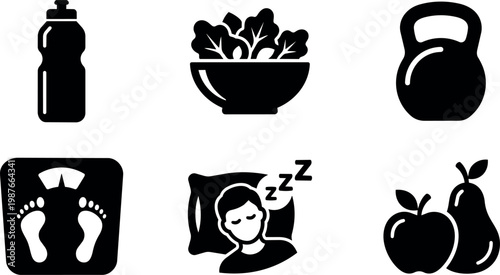 Black silhouette icons of water bottle salad kettlebell scale sleeping person and fruits