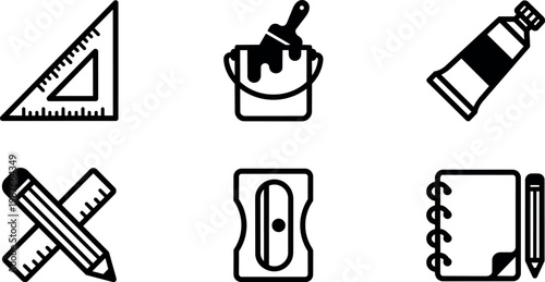 Black and white line art drawing tools with ruler pencil paint bucket sharpener and notebook