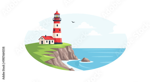 Lighthouse and cottage on a cliff over the ocean vector illustration