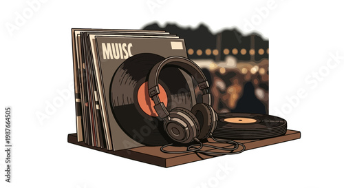 Vinyl Records and Headphones with Concert Background Illustration