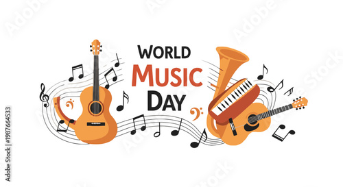 World Music Day Vector Illustration with Instruments and Notes