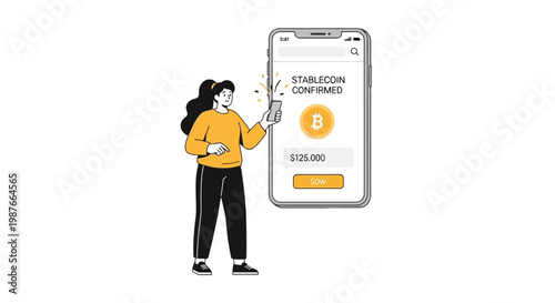 Woman using mobile app for stablecoin cryptocurrency transaction