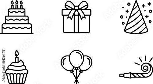 Birthday celebration icons with cake gift balloons party hat and blower line art