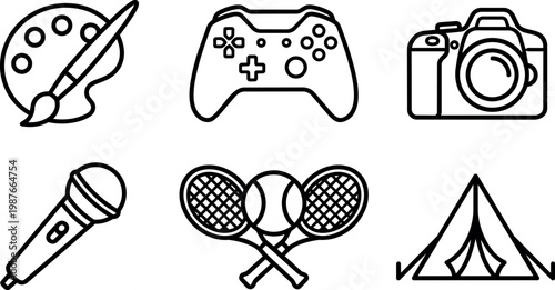 Black line art icons set of paintbrush palette game controller camera microphone tennis rackets and tent
