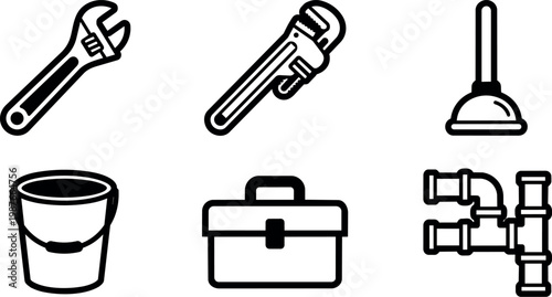 Black and white line art plumbing tools wrench plunger bucket toolbox and pipe fittings
