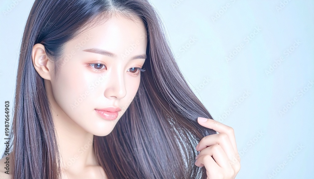Fototapeta premium Beautiful Young Woman Touching Her Silky Smooth Hair for Hair Care Concept