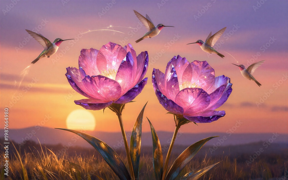 Fototapeta premium Magical hummingbirds dance around glowing purple flowers at golden
