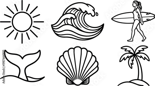 Sun wave surfer shell whale tail and palm tree beach elements