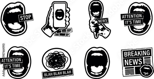 Black and white calligraphic shouting mouth icons with stop news and attention wordings