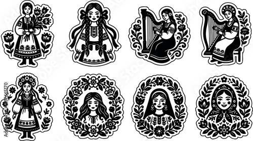 Black and white folk art women with floral wreaths and harp playing illustrations