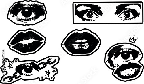 Black and white hand drawn eyes and lips set with chain and crown elements