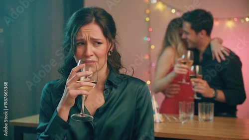 A jealous woman feeling envious while watching happy couple 