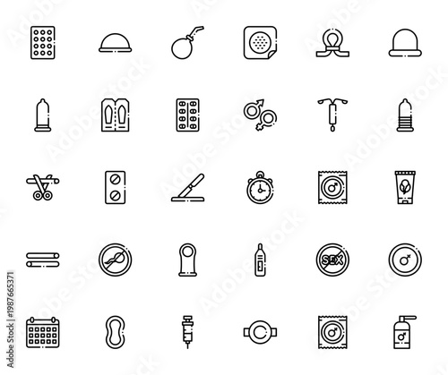 Contraceptive Methods icon set. Birth control vector icons pack. Includes Contraceptive pills, Condom, IUD, Diaphragm, Sterilization, Calendar and more. Editable thin line illustrations.