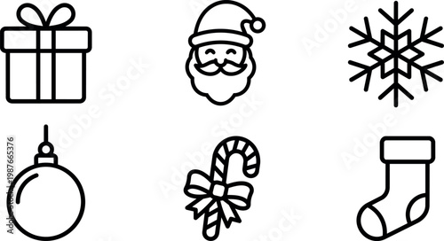 Black and white christmas icons including gift santa snowflake candy cane bauble and stocking