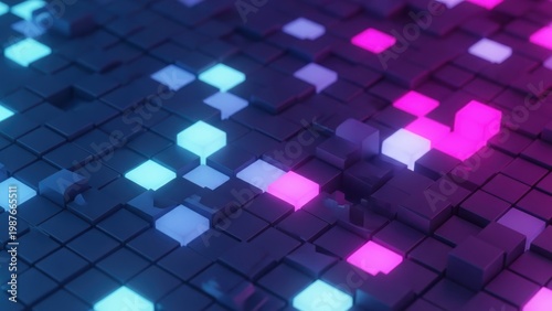Abstract 3D grid of cubes with neon pink and blue lights.