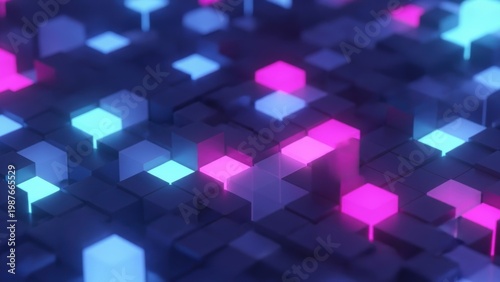 Futuristic landscape of glowing 3D cubes.