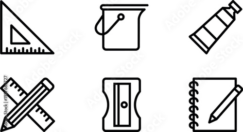 Line art art supplies icons set with ruler pencil sharpener paint bucket and notebook