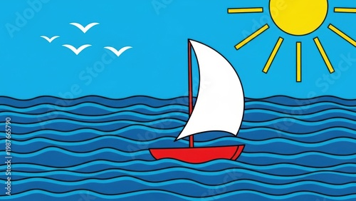 Childlike drawing of a sailboat on the sea.