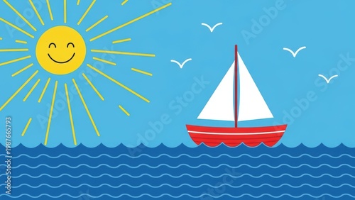 Simple drawing of a sailboat with a smiling sun.