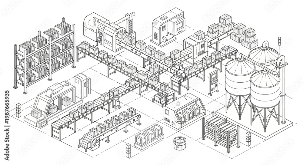 Obraz premium Isometric line art illustration of an industrial manufacturing facility, featuring conveyor belts moving boxes between machinery and storage, rendered as a detailed black silhouette vector