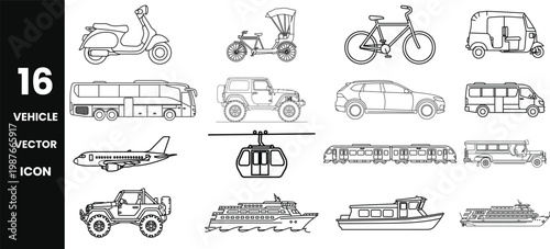 A collection of different vehicle and transport icons including cars trucks trains and machines in a simple design
