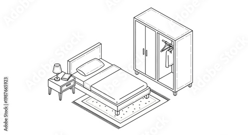 Isometric line art illustration depicting a bedroom interior design, featuring a bed, wardrobe, bedside table, and rug, set against a clean white background with a minimalist and modern