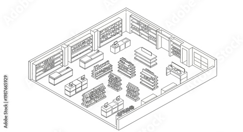Isometric line art illustration of a store interior featuring shelves and display counters against a white background, offering a clean, minimalist vector design ideal for architectural