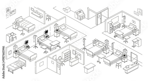 Isometric illustration displaying multiple hospital rooms as a black line art vector design, showcasing various patient beds and medical equipment against a white background