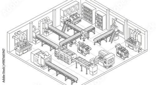 Isometric line art illustration showcasing an automated industrial process in a factory, featuring conveyor belts and machinery in a room with white walls, presented in a clean, minimalist