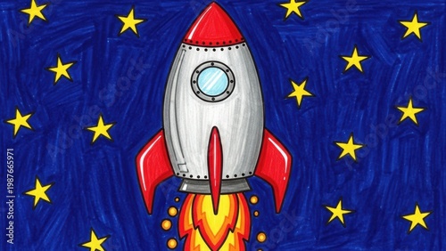 Cartoon rocket ship flying among the stars.