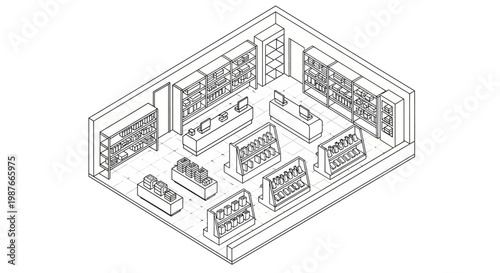 Isometric illustration featuring a store interior with bookshelves and displays, rendered in a black line art style on a white background, providing a clean, minimalist design for business