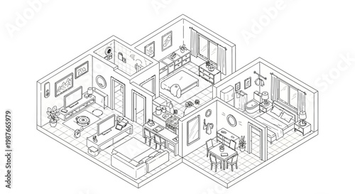 Detailed isometric illustration showcases a cozy apartment floor plan with various rooms and furniture arranged in a neat composition, rendered as black line art on a white background