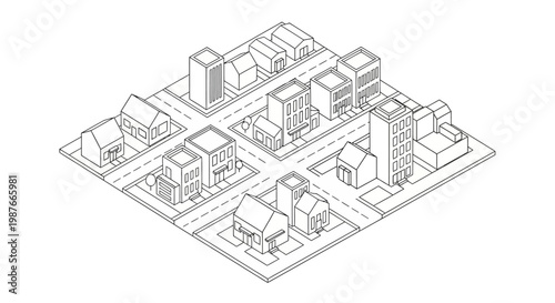 Isometric illustration of a minimalist city district design featuring various buildings with detailed line art presented from a high angle against a clean white background