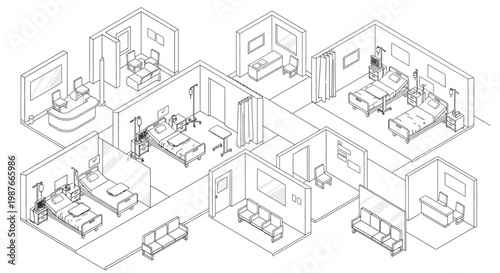 Detailed isometric illustration showing various hospital rooms, including patient rooms and a reception area, rendered in black line art against a white background for a clean, informative