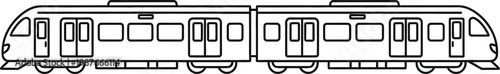 simple line art vector icon of a commuter train in side view with multiple carriages and windows, outline only