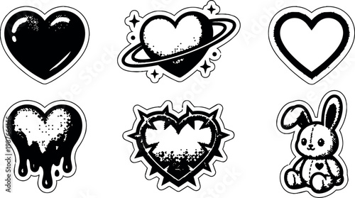 Black and white cartoon hearts and rabbit with planet rings and spikes