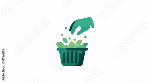 Graphic icon of a gloved hand collecting fresh green leaves into a basket, symbolizing sustainable waste management, eco-friendly gardening, and environmental cleanup