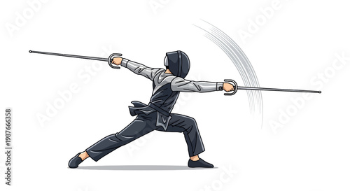 Dynamic Fencer in Lunge Stance with Dual Swords Vector Illustration